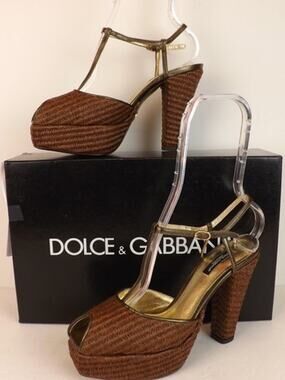 NIB DOLCE & GABBANA BROWN RAFFIA LEATHER T STRAP PLATFORM SANDALS PUMPS 38.5